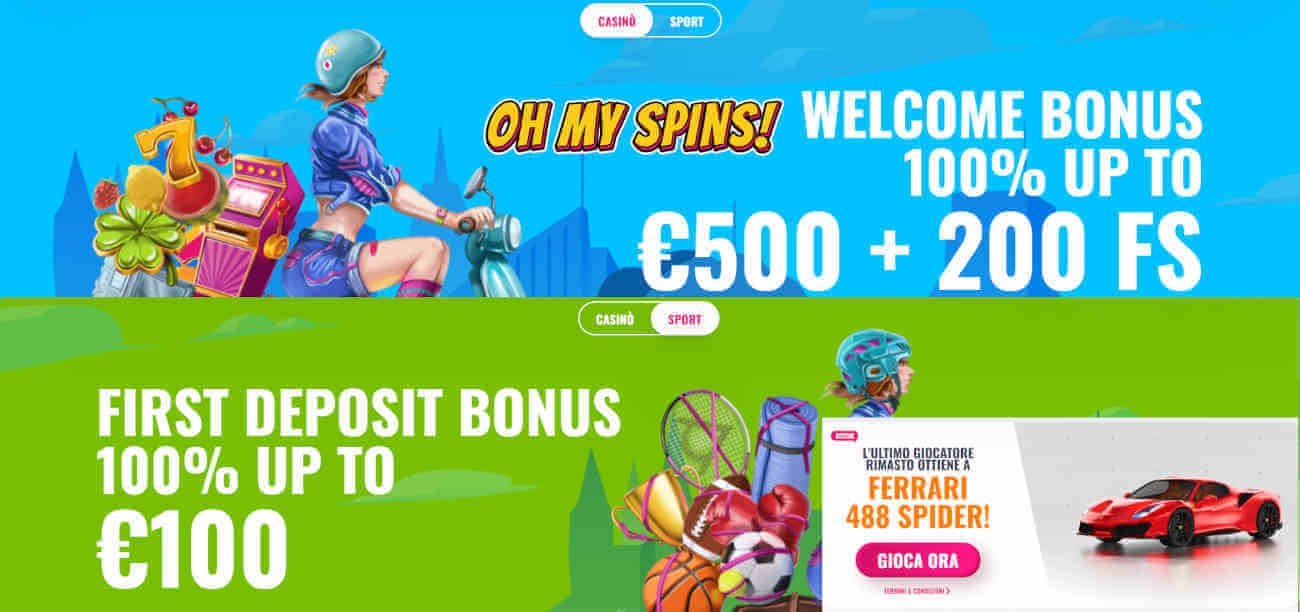 OhMySpins slot non AAMS con Bonus 100% fino a €500 + 200 FS